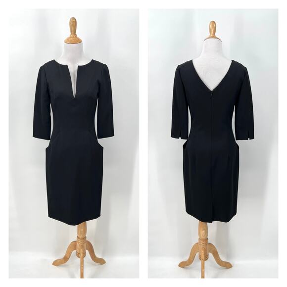 ALEXANDER MCQUEEN Wool Sheath Dress Womens 38 Black Pockets Elbow Sleeve Pencil - Picture 1 of 16
